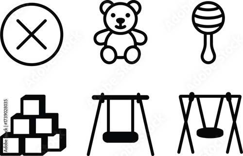 Set of six icons including a teddy bear and building blocks symbol collection
