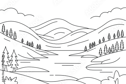 Stylized outline drawing of a serene mountain landscape with a lake