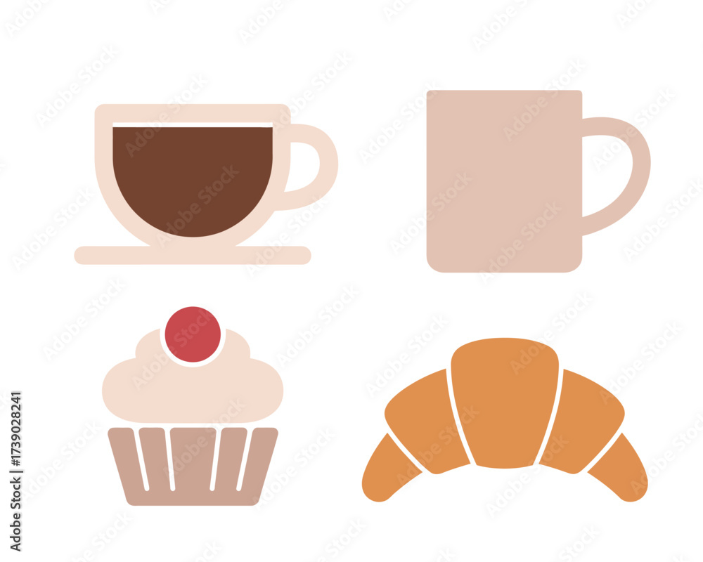 Obraz premium Flat design illustration of coffee cup cupcake and croissant