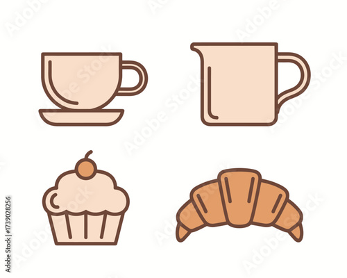 Collection of breakfast items including coffee cup creamer cupcake and croissant