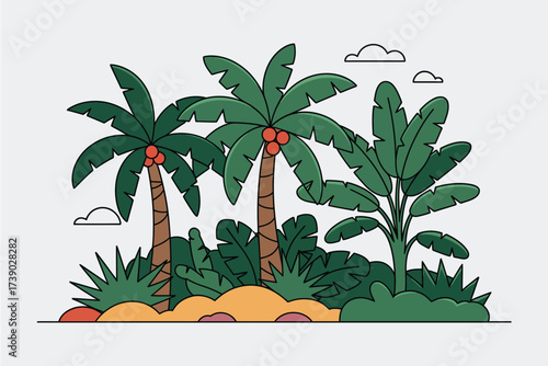 Vibrant illustration of lush tropical palm trees and jungle foliage
