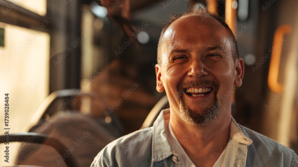 Fototapeta premium Portrait of a middle-aged man with a goatee on a bus