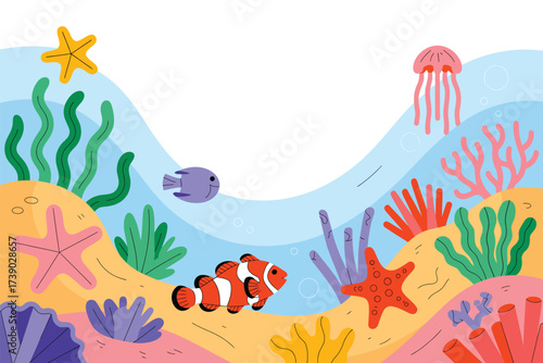 Colorful underwater scene with clownfish and starfish