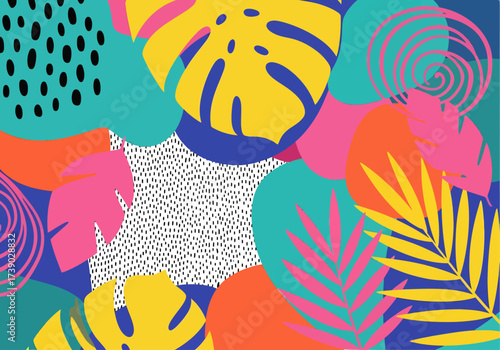 A vibrant collage of tropical leaves and abstract shapes bursts with energetic patterns and a bold, summery color palette.