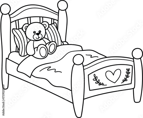 Teddy bear sitting on a bed with pillows and blanket line drawing bedroom