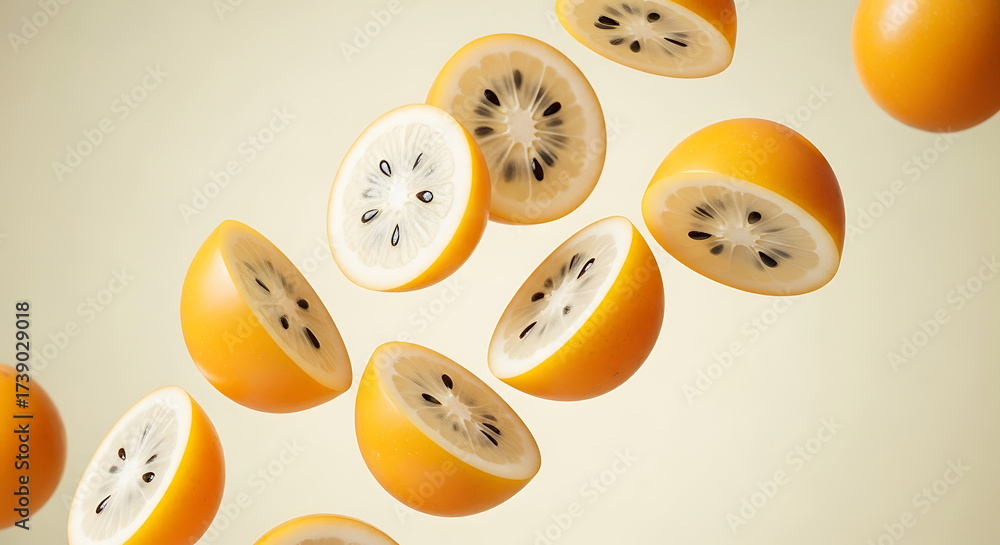 Fototapeta premium Fresh Golden Kiwi Fruit Halves with Black Seeds Falling.