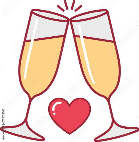 Two Champagne Glasses Toasting with Red Heart Icon celebration clinking