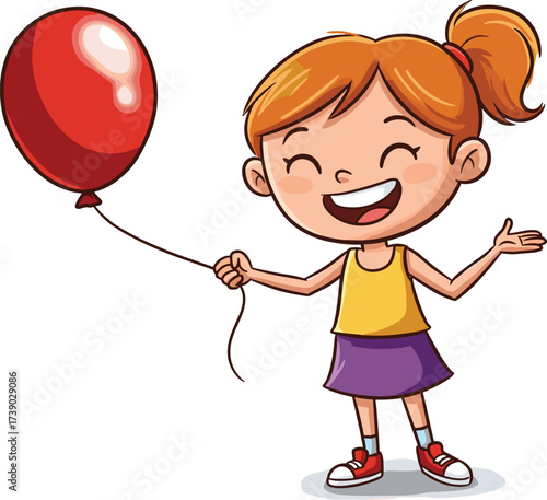Smiling happy cartoon girl holding red balloon, cheerful kid character illustration, cute child in colorful outfit, playful vector drawing design