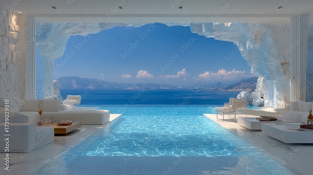 Obraz premium Luxury coastal villa with infinity pool offering stunning ocean view from a cave like living room