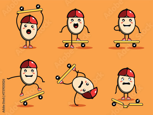 Cute egg playing with skateboard cartoon vector icon illustration set
