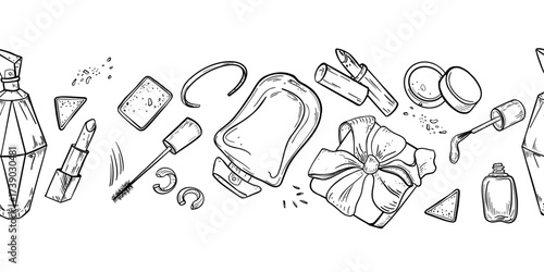 Hand drawn seamless border with perfume bottles, lipsticks, gift boxes black white vector. Decorative cosmetics repeated background monochrome sketch. Line art for beauty branding, boutique packaging.