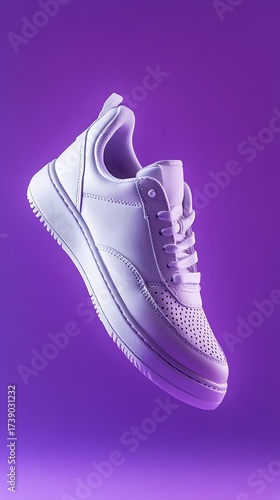 White Leather Sneaker with Perforations Suspended in Air Against a Purple Gradient Backdrop