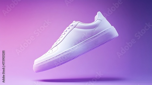 White Minimalist Sneaker Floating Against a Graded Purple and Pink Background for Design