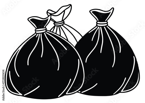 Black trash bags tied with white string garbage bags waste disposal