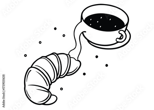 A whimsical croissant connected to a steaming coffee cup breakfast