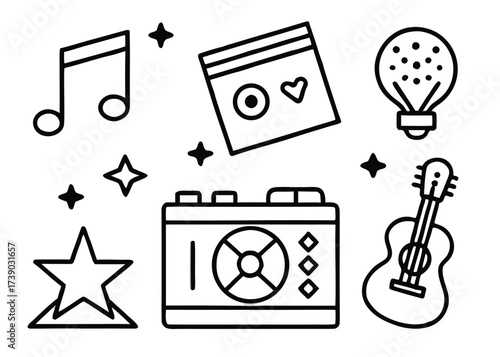 Musical notes camera guitar light bulb star and cassette tape icons vector