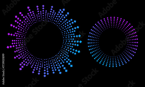 Bright blue glowing circles form an abstract background . Sound equalizer icons with lines and dots, gradient neon circular sound wave frames