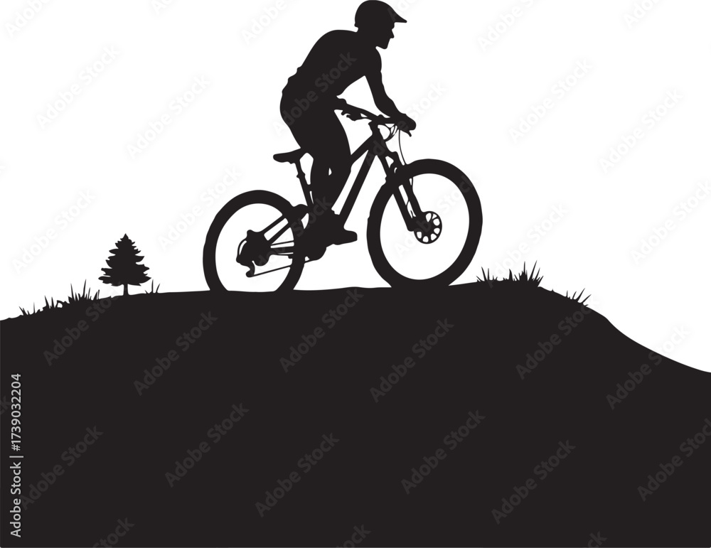 Fototapeta premium Black silhouette of a cyclist on a mountain bike on a hill
