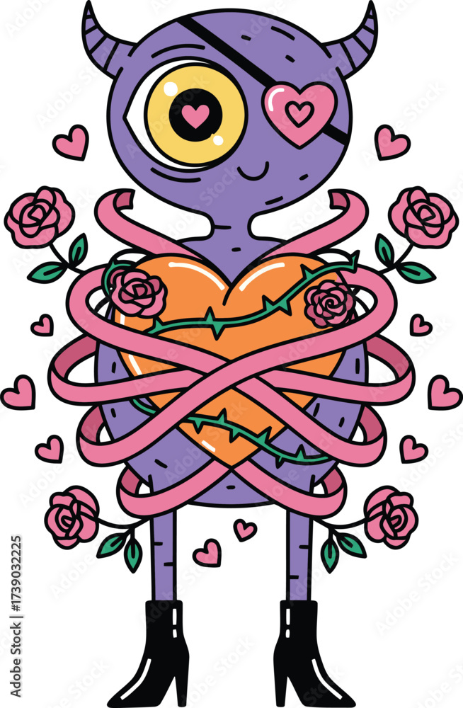 Fototapeta premium One-eyed purple monster hugging heart � eerie Halloween love sticker with roses and cuteness