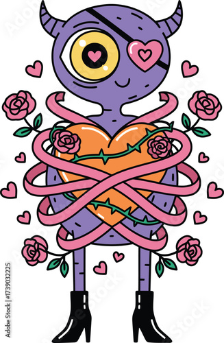 One-eyed purple monster hugging heart � eerie Halloween love sticker with roses and cuteness