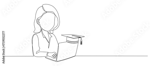 Woman with laptop computer and student cup in one continuous line drawing. Searching job for young graduate. Education concept
