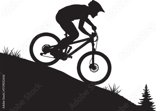 Black silhouette of a mountain biker descending a grassy slope