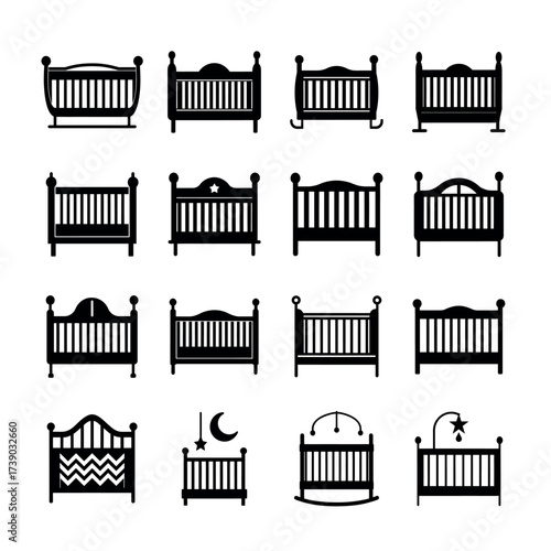 Baby Crib Icons – Nursery, Infant Bed, and Newborn Furniture Vector Set for Design & Branding