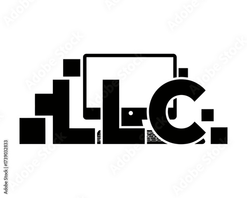 Digital company logo concept with a computer monitor and pixelated L.L.C
