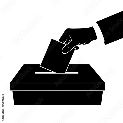 A black and white silhouette icon of a hand casting a ballot into a voting box for a political election