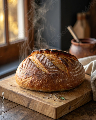 Warm Steaming Sourdough Bread Loaf on a Wooden Board in a Cozy Kitchen Window Light

