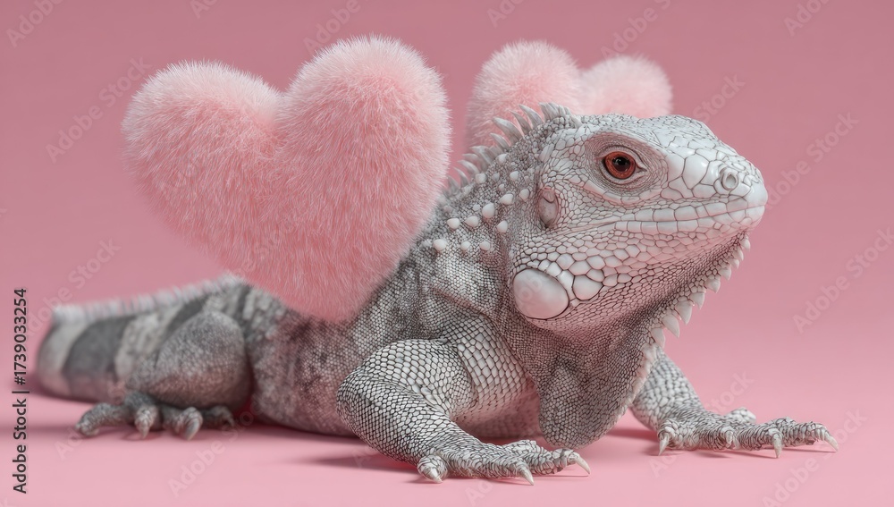Obraz premium A grey iguana with pink, fluffy heart-shaped wings on a soft pink background
