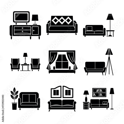 Living Room Interior Icons – Sofa, Lamp, Window & TV Stand Silhouettes