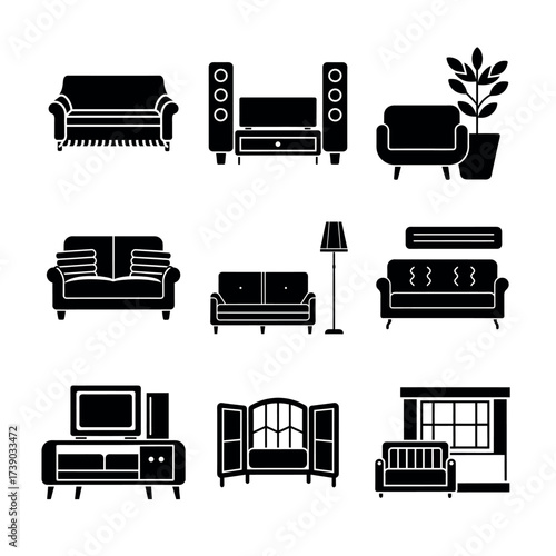 Living Room Furniture Icons – Sofa, Armchair, TV Stand & Decor Silhouettes