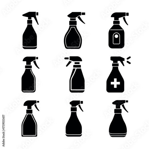 Spray Bottle Silhouette Icons – Cleaning, Disinfectant & Sanitizer Vector Clipart Set