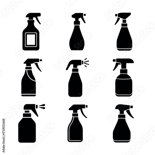 Spray Bottle Icons Set – Cleaning and Disinfectant Vector Clipart for Housekeeping & Product Design