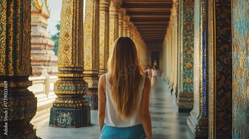 Woman Walking Through Temple Corridor with Intricate Gold Columns and Artful Decorations