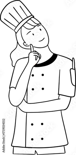outline drawing illustration of thoughtful  female chef