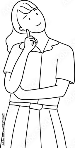 outline drawing illustration of thoughtful  female student in freshy uniform