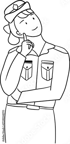outline drawing illustration of thoughtful  Thai female police officer