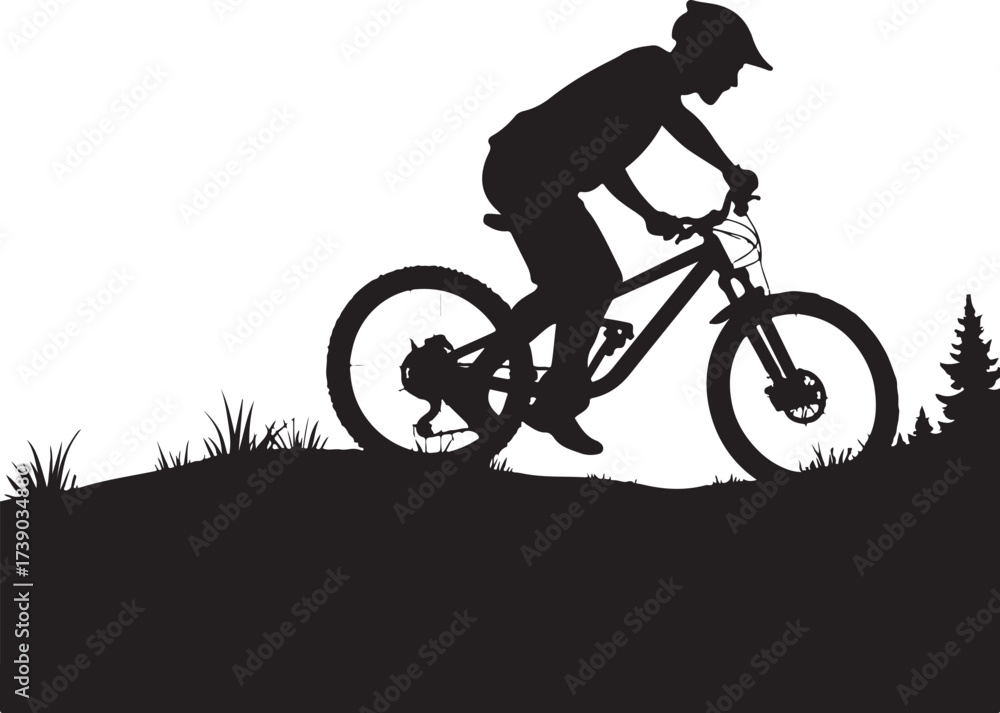 Fototapeta premium Black silhouette of cyclist on mountain bike riding downhill
