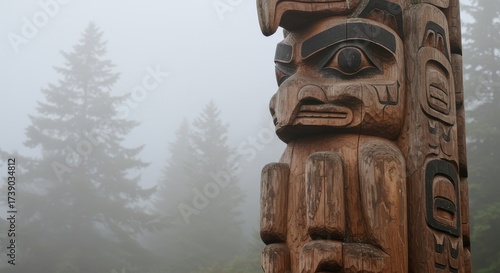 Traditional native american totem pole carved from wood. Indigenous art and culture for native american heritage month. Spirituality concept.