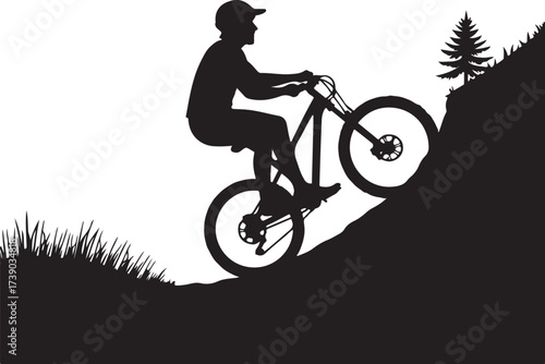 Black silhouette of cyclist on mountain bike on steep hill