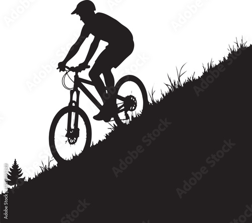 Black silhouette of man riding mountain bike downhill