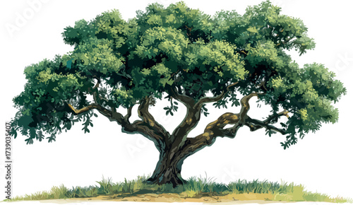 Majestic ancient oak tree with lush green foliage and gnarled trunk on a grassy hill