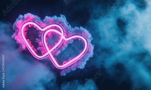 Two intertwined hearts, with pink neon outlines, are surrounded by pink and blue smoke on a dark background. AI.