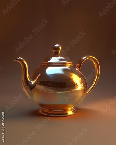 A shiny, golden teapot with a lid and handle sits on a brown surface against a blurred brown background. AI.