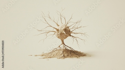 A bulbous form with roots and branches sits on a small pile of dirt against a light background. AI.