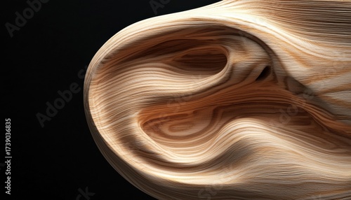 Wood with a swirl pattern and a hole is set against a dark background. AI.
