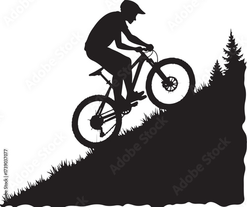 Black silhouette of mountain biker descending grassy hill with pine trees