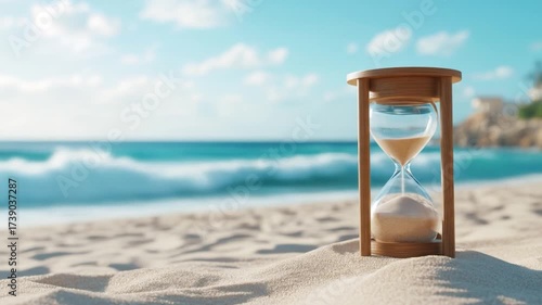 Hourglass on beach time sand deadline countdown deadline concept